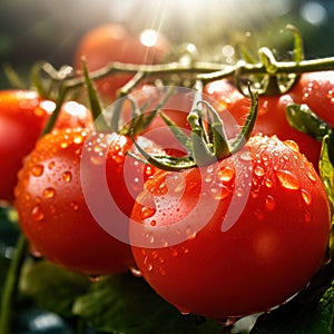 Big red tomatoes soaked with water droplets on organic farm tomato plant