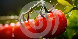 Big red tomatoes soaked with water droplets on organic farm tomato plant