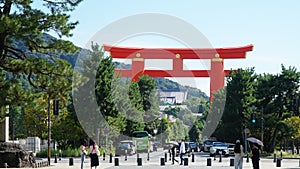 Big Red Torii Gate, Entrance to the Shinto Heian Shrine, Kyoto, Japan.