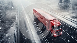 Big red truck driving on snowy highway through the forest, on a winter day during snowstorm. Long-distance haulage. Generative AI