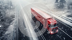 Big red truck driving on snowy highway through the forest, on a winter day during snowstorm. Long-distance haulage. Generative AI photo