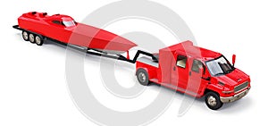 Big red truck with a trailer for transporting a racing boat on a white background. 3d rendering