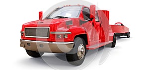 Big red truck with a trailer for transporting a racing boat on a white background. 3d rendering