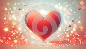 a big RED volumetric heart in a modern style against an abstract soft peach fuzz background of bokeh lights, blurred spots on a