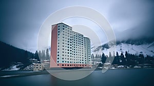 Big residential building on the seaside in a northern country. Living in harsh climate, in a remote location. Generative AI