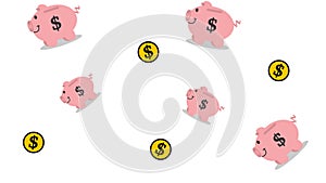 Big rich piggy bank and coin with color and green background - animation