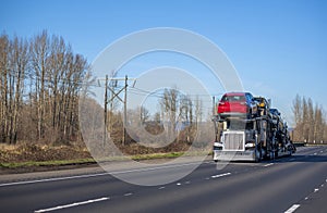 Big rig car hauler semi truck transporting cars on semi trailer and driving on autumn road with bare trees