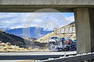Big rig car hauler semi truck transporting cars on special semi trailer running on the mountain highway road under the concrete