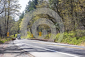 Big rig classic American semi truck transporting cargo in bulk semi trailer running uphill on the road with spring green forest