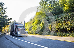 Big rig powerful classic semi truck transporting covered cargo on flat bed semi trailer  moving on the road with sunlight and