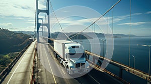 A big rig semi truck crosses the Golden Gate Bridge in San Francisco