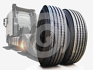 Big Rig Semi Truck Wheels Tires on White Background. Lorry Tyres Rubber. Freight Trucks Transport