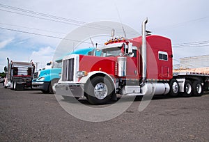 Big rig semi trucks stand in row on parking lot