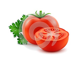 Big Ripe Red Fresh Cut Whole Tomatoes with Parsley Close up Isolated on White Background