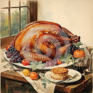 A big roast turkey on the table for Thanksgiving or Christmas. Generated by AI