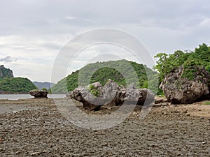 Big rock in hemisphere, cone, or pyramid shape eroded by sea water at Khao Lom Muak, Ao Manao, Prachuap Khiri Khan