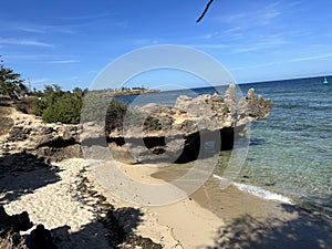 Big rock in the Indian Ocean at Mama Ngina Waterfront near the Likoni ferry in Mombasa Kenya, Africa