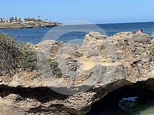 Big rock in the Indian Ocean at Mama Ngina Waterfront near the Likoni ferry in Mombasa Kenya, Africa
