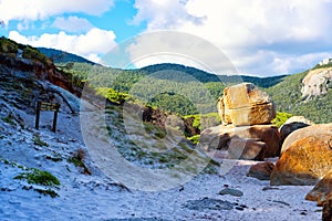 Big rocks, stones at Squeaky beach, Wilson Promontory, Australia.