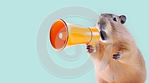 Big rodent announcing using hand speaker. Notifying, warning, announcement photo