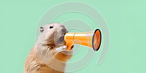 Big rodent announcing using hand speaker. Notifying, warning, announcement photo