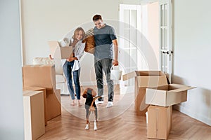 In the big room, with boxes in hands. Young couple with dog are moving to new home