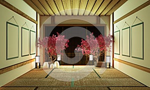 BIg roominterior design in modern living room with black low table ,lamp,vase, and decor Japanses style. 3D rendering