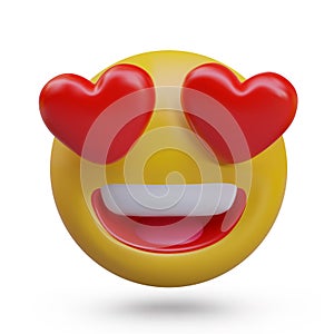 Big round face with heart eyes. Reaction of love. Realistic emoticon in yellow and red colors