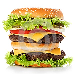 Big royal appetizing burger, hamburger, cheeseburger close-up on a white background