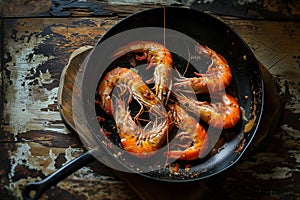 Big royal shrimps with lemon and sauce in frying pan. Close up. Seafood.