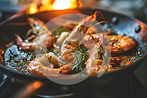 Big royal shrimps with lemon and sauce in frying pan. Close up. Seafood