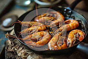 Big royal shrimps with lemon and sauce in frying pan. Close up. Seafood