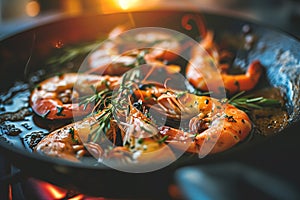 Big royal shrimps with lemon and sauce in frying pan. Close up. Seafood.