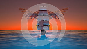 big sailing ship with wings in the sea at sunset