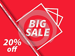 Big sale 20% off. Sale tape ribbon and gift box line art on red background. Black friday. Design for promotional items, banners,