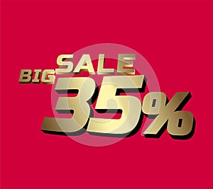 Big sale 35 percent 3Ds Letter Golden, 3Ds Level Gold color, big sales 3D, Percent on red color background