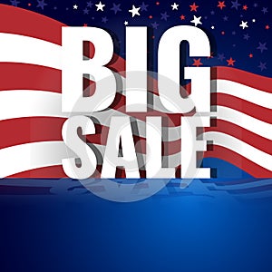 Big Sale. Abstract american background with waving striped flag and starry pattern.