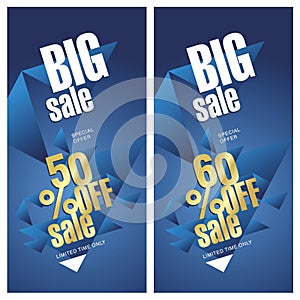 Big sale banner 50 and 60 percent off gold blue background