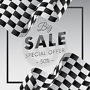 Big sale banner or sticker. Special offer. Fifty percent off. Checkered flag. Vector illustration.