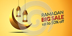 Big sale banner template for ramadan kareem with illustration of 3D golden hanging lantern and crescent month photo