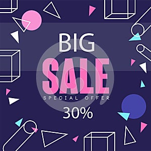 Big sale banner up to 30 percent off template design, seasonal discount poster with different geometric shapes