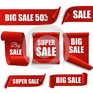 Big Sale banners. Paper scrolls. Vector Super sale stickers.