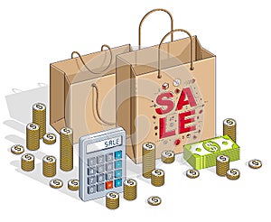 Big Sale concept, Retail, Sellout, Shopping Bag with cash money stacks and calculator isolated on white background. Vector 3d