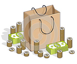 Big Sale concept, Retail, Sellout, Shopping Bag with cash money stacks and coin piles isolated on white background. Vector 3d