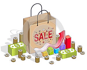Big Sale concept, Retail, Sellout, Shopping Bag with cash money stacks and growth chart isolated on white background. Vector 3d