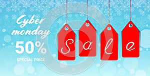 Big sale cyber monday tags special offer promo marketing holiday shopping concept advertising campaign banner snowfall