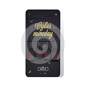 Big sale cyber monday tags special offer promo marketing holiday shopping concept smartphone screen online mobile app