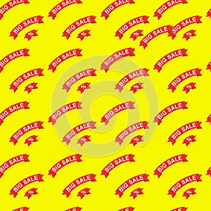 Big sale and discounts seamless pattern. Red paper ribbon with text on yellow background flat illustration. For goods