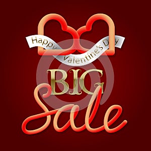 Big Sale golden and gradient luminous text with two connected hearts symbol. Valentines Day shopping banner design