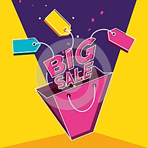 Big sale label with bag shopping and tags
